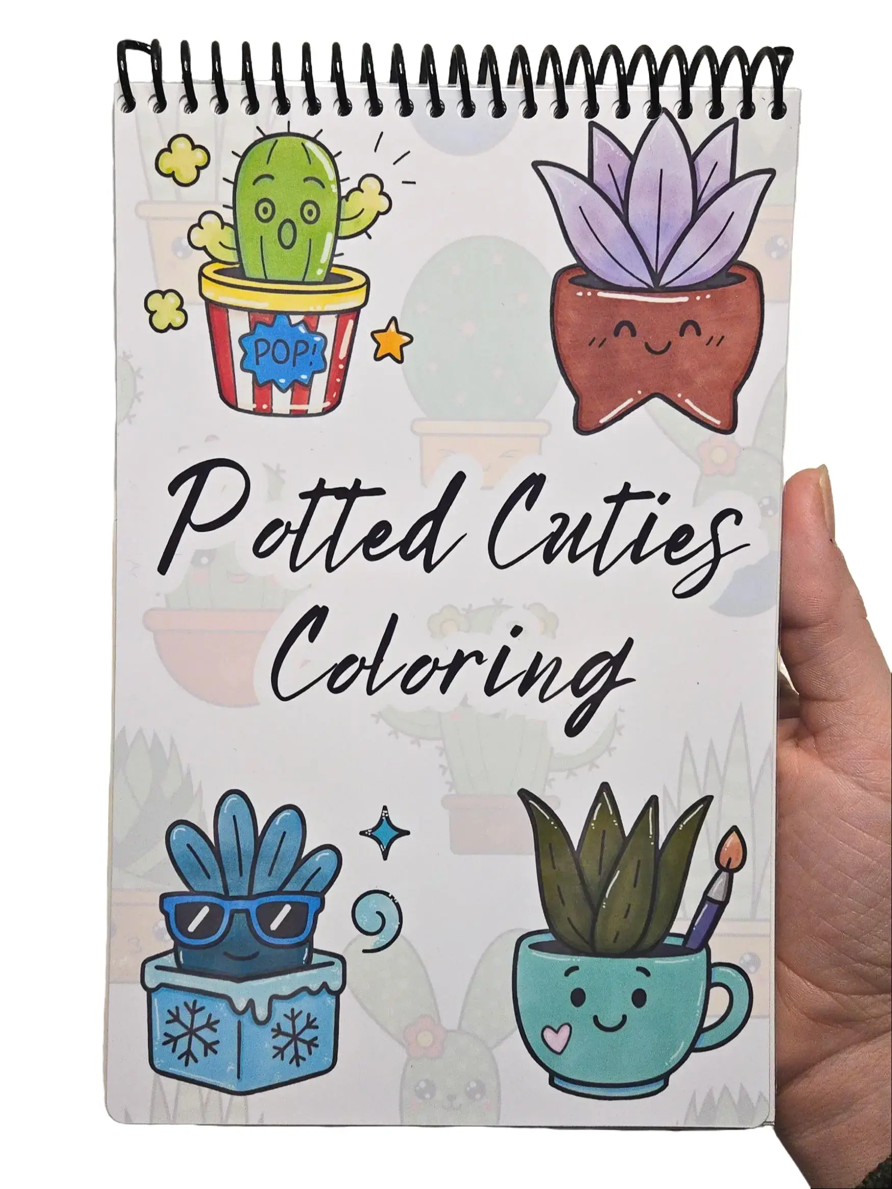 Potted Cuties Coloring Book - Medium Size 5.5x8.5 with 40 Pages Spiral Binding Laminated Cover Compact Convenient for Relaxation Coloringbook High Quality 80lb Paper