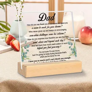 Acrylic Wood Tray Decorative Piece, Fresh Leaf Accents, Thankful Message for Father, Clear Panel, Sturdy Wooden Base, Desk Decoration Gift
