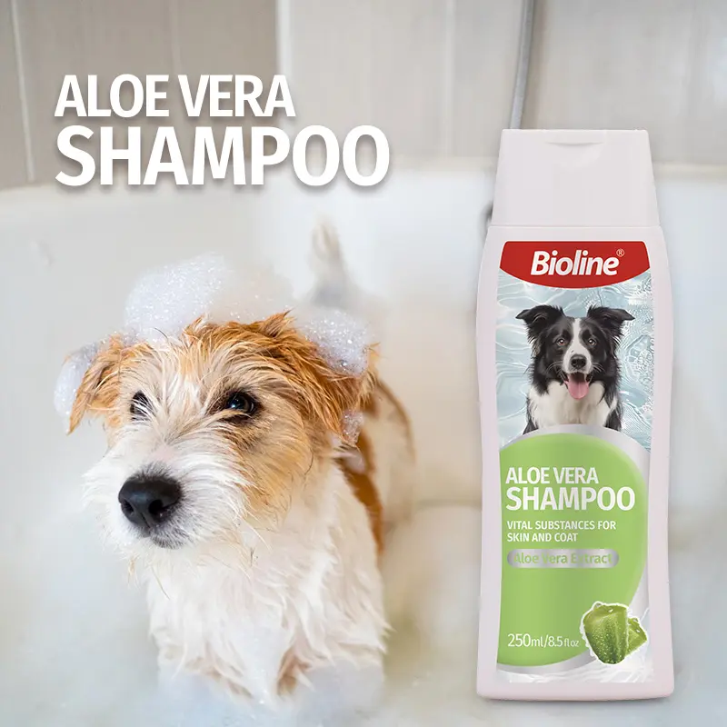 Bioline Aloe Vera Liquid Pet Shampoo, 8.45 fl oz - Antiseptic, Soothing & Moisturizing Animal Safe Shampoo for Dog & Cat Sensitive Skin,  Daily Use Grooming Wash