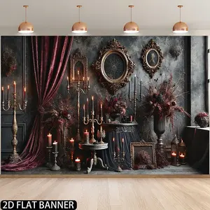 1pc 2D Flat Gothic Party Backdrop - Elegant Dark Gothic Victorian Mansion Photo Booth Background with Burgundy Floral design, No Electricity Needed, Easy Hang Hanging for Halloween, Horror Parties, Banners Ornaments