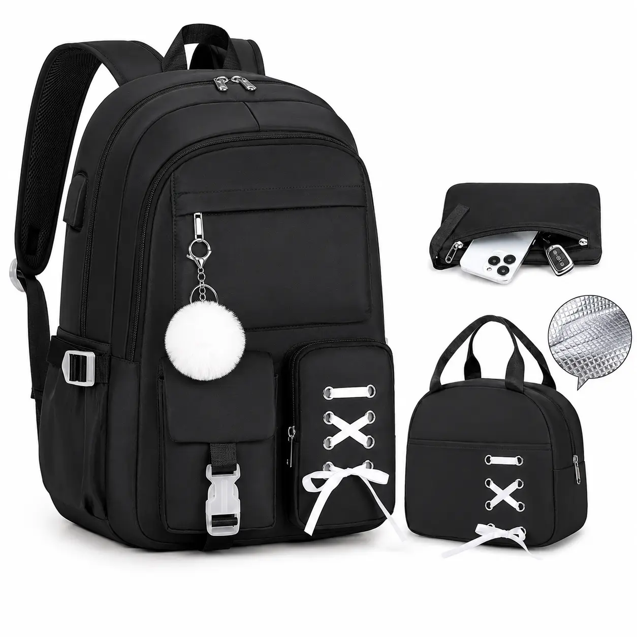 SIMILOVE Ribbon Gradient School Backpack with Laptop Compartment - Personal Item and Food Bag & Zip Pouch/Tote Bag for Women Teens School College Student Hiking, Bookbag Daypack Laptop Travel Backpack for Women, Waterproof, Lightweight,Organiser