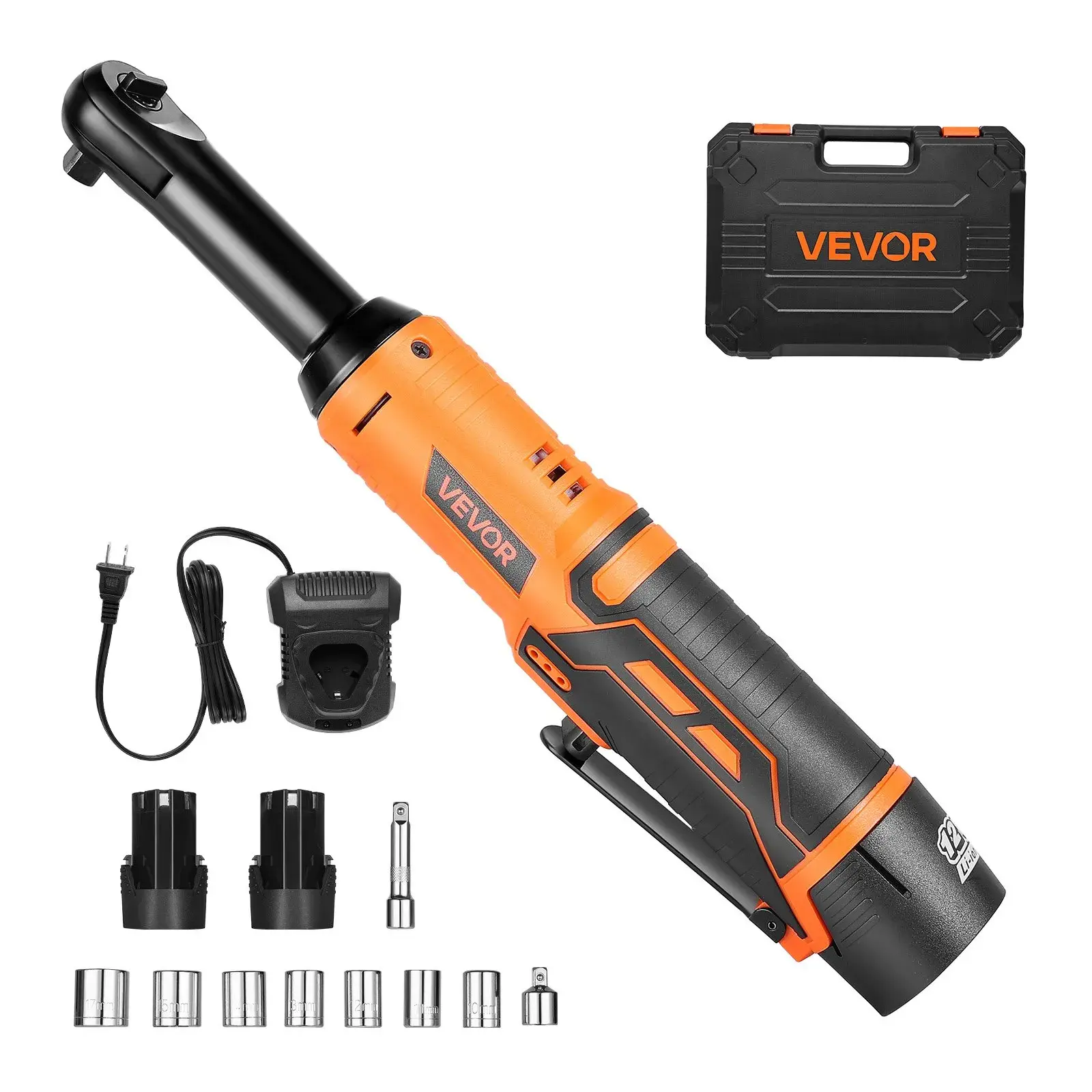 【summerfinds】VEVOR Cordless Ratchet Wrench Set (1 Set), 3/8 in Drive, 240 RPM, 33 ft-lb Extended/40 ft-lb Torque, 2000mAh Rechargeable Battery-Powered, W/ Charger, Sockets, Adapter, Extension Bar, Specialty Mechanic Work Tools (Father's Day Gift)