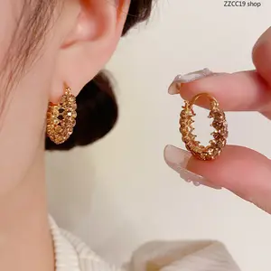Champagne Gold Full Pave CZ Hoop Earrings - 14K Gold Plated Sparkly Small Huggie Earrings | Dainty Shiny Hypoallergenic Earrings for Women Daily Date Party Wedding Wear