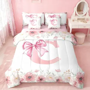 Initial Letter Bedding Set,Kawaii Dreamy Princess Style Bed Bag,Teens,Pink Bow Tie Bowknot Comforter Bed Set with Sheets,Flower Floral Spring Bed Set