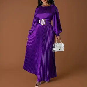 Women’s satin pleated long dress with fluffy sleeves, an elegant evening gown suitable for formal events, highlighting contours and offering multifunctional styling
