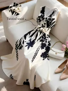 Women's Summer New French Elegant Aesthetic Casual Chic Fitted Simple Floral Print Waist Cinched Sleeveless Mid-Length Dress Suitable for Commuting