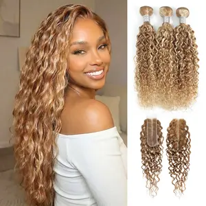 Blonde Highlight Bundles with Closure Water Wave Human Hair 22 24 26+20 In,13A Virgin #F27/613 Human Hair 3 Bundles with Color #27 Honey Blonde 2x6 HD Lace Closure Deep Parting Wet n Wavy Weave