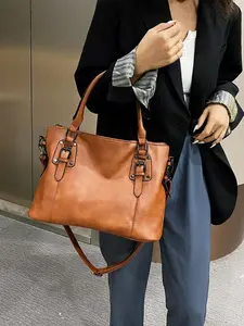 Women's Solid Color Tote Bag, Fashionable Large Capacity Shoulder Bag for Daily Used, Casual Trendy Versatile High-quality Daily Commuting Bag, Girl Fashionable Shopping Bag