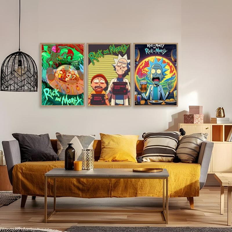 Vintage Cartoon Anime R-Rick And M-Morty Painting Calligraphy Fashion Canvas Wall Art Poster, Modern Aesthetic Waterproof Print, Fade-Resistant & Scratch-Proof Texture, Trendy Home Decor for Living Room Bedroom Office, Multiple Sizes
