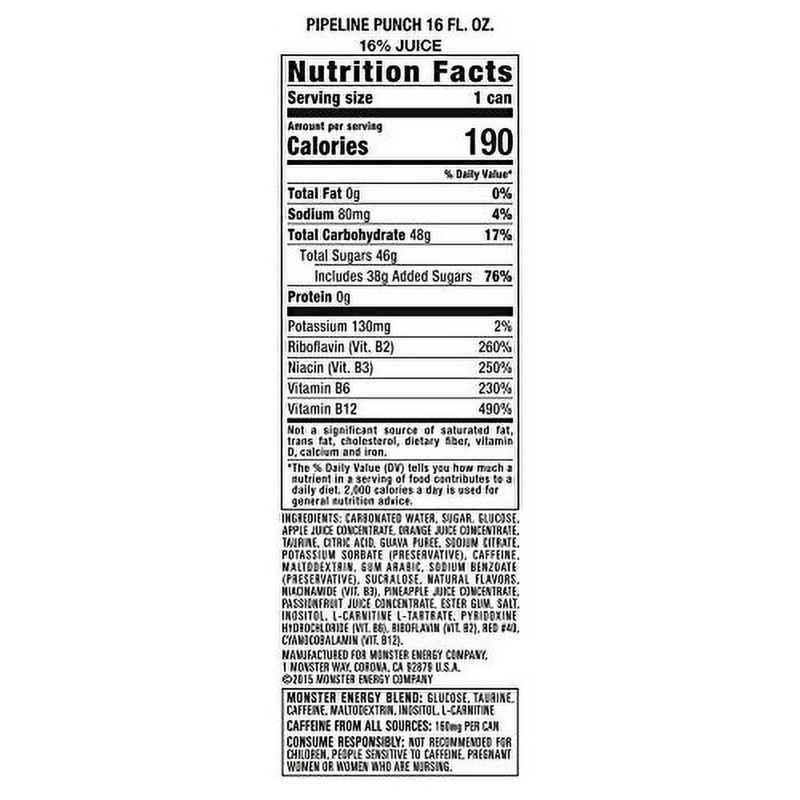 Monster Energy Juice Pipeline Punch, Energy + Juice, Energy Drink, 16 Ounce (Pack of 15)