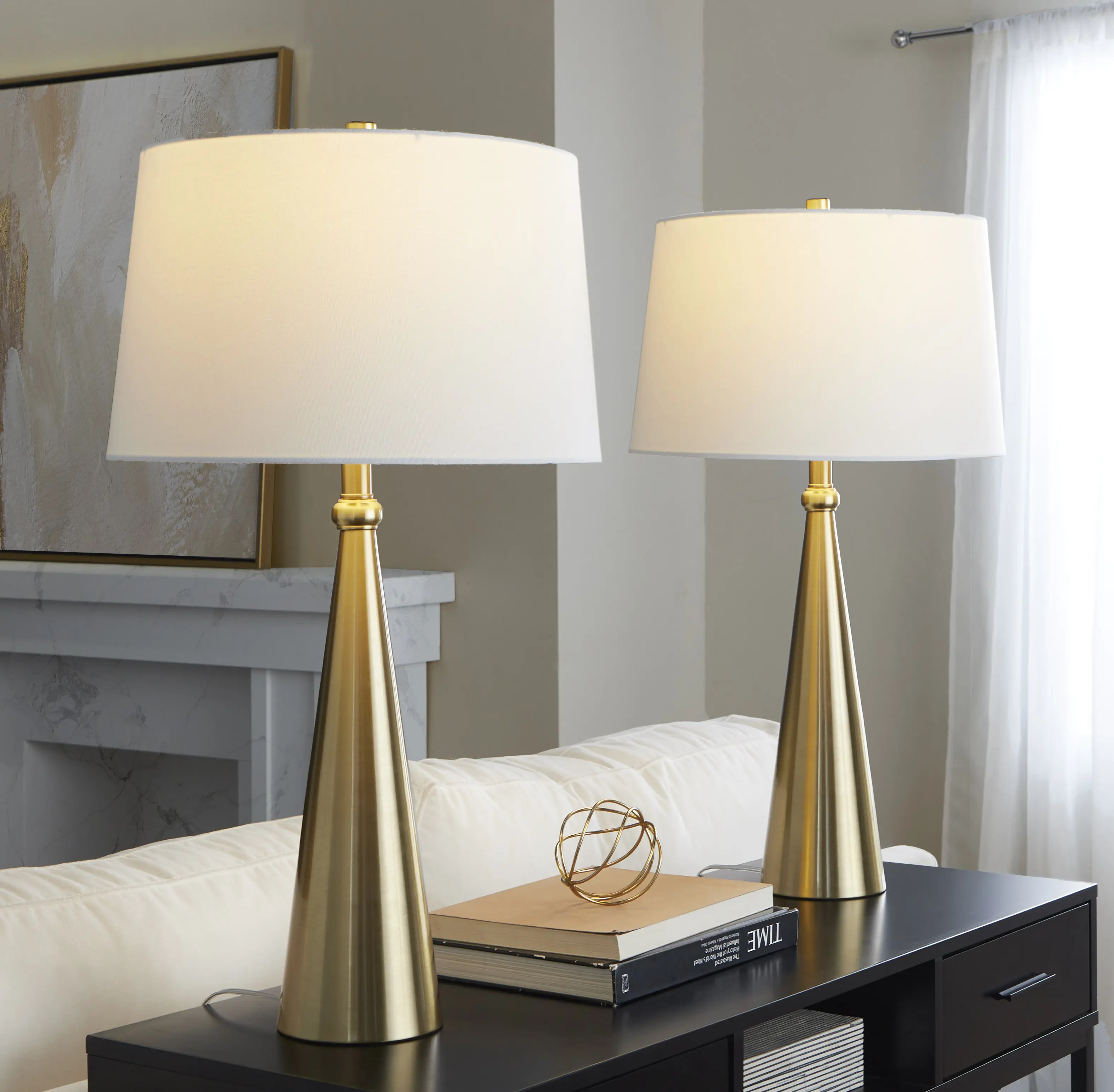 Set of 2 Contemporary Table Lamps, 30" Tall, Gold Metal with White Linen Shades