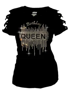Women's Birthday Queen Shirt Bedazzled Rhinestone Cut Out Short Sleeve Tee Soft Cotton Blend Flattering Silhouette Comfortable Fit, Birthday Vibes Tee