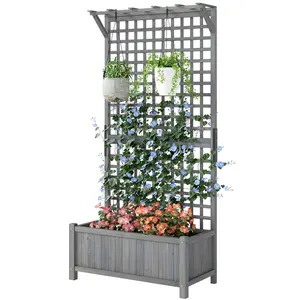 Dark Gray Freestanding Wood Planter with Trellis - Raised Garden Bed Privacy Screen for Backyard, Lattice Flower Box for Vine Climbing, Ivy or Roses