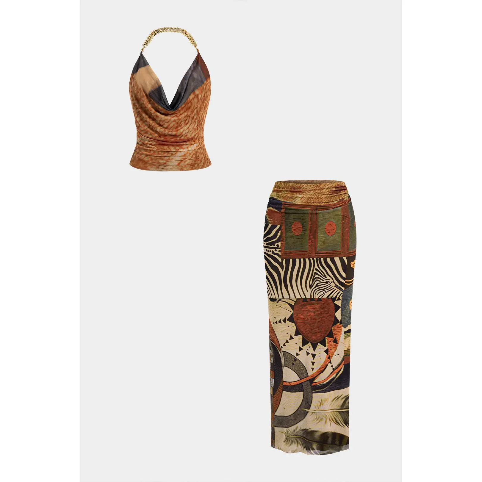 Geometric Print Mesh Metallic Chain Halter Draped Cowl Neck Top And High Waist Skirt Set