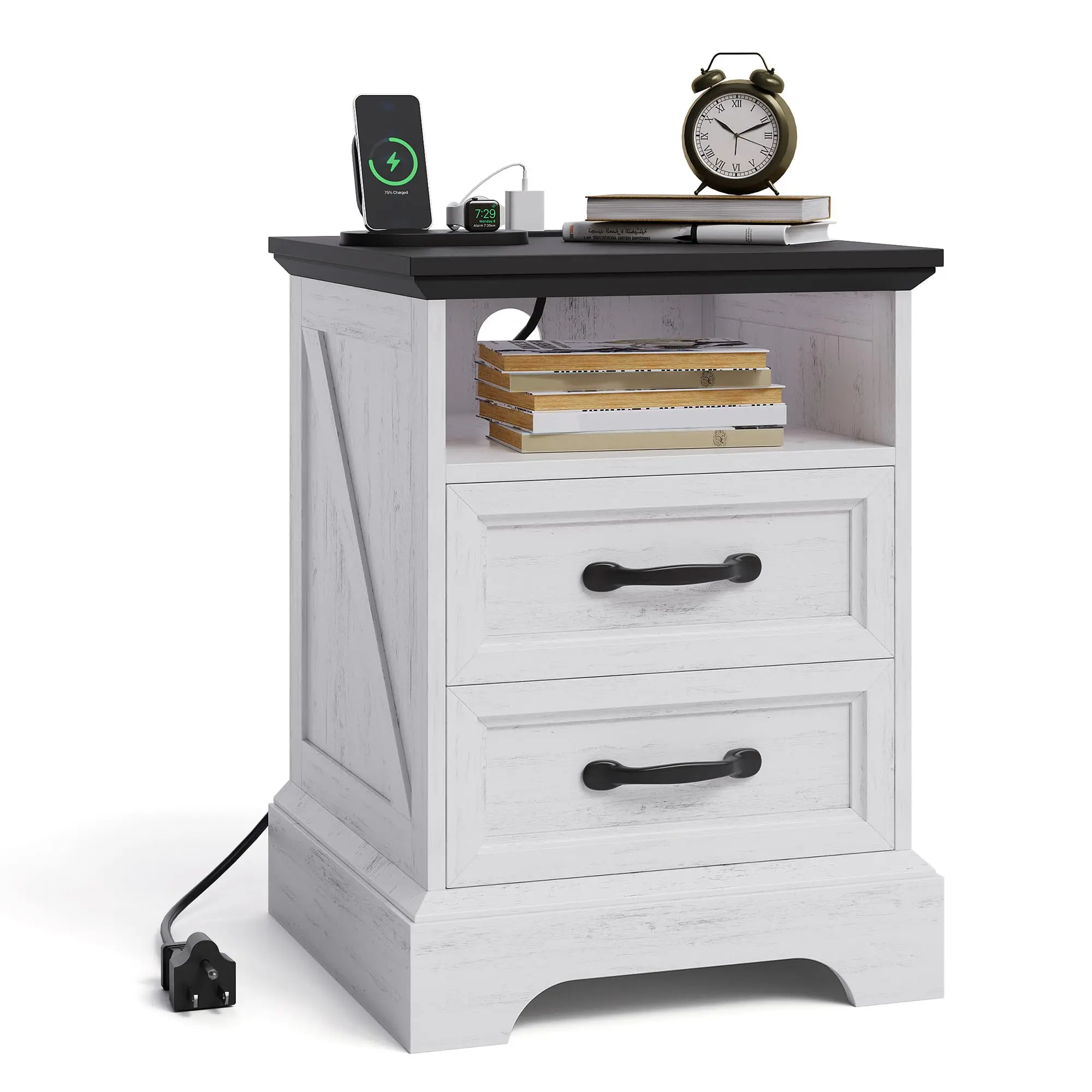 Farmhouse Rustic Nightstands with Charging Station, Modern Wood Bedside Tables with 2 Drawers, USB Ports & Outlets, White Accent for Living Room 1pcs Wooden Tabletop
