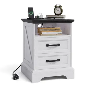 Farmhouse Rustic Nightstands with Charging Station, Modern Wood Bedside Tables with 2 Drawers, USB Ports & Outlets, White Accent for Living Room 1pcs Wooden Tabletop