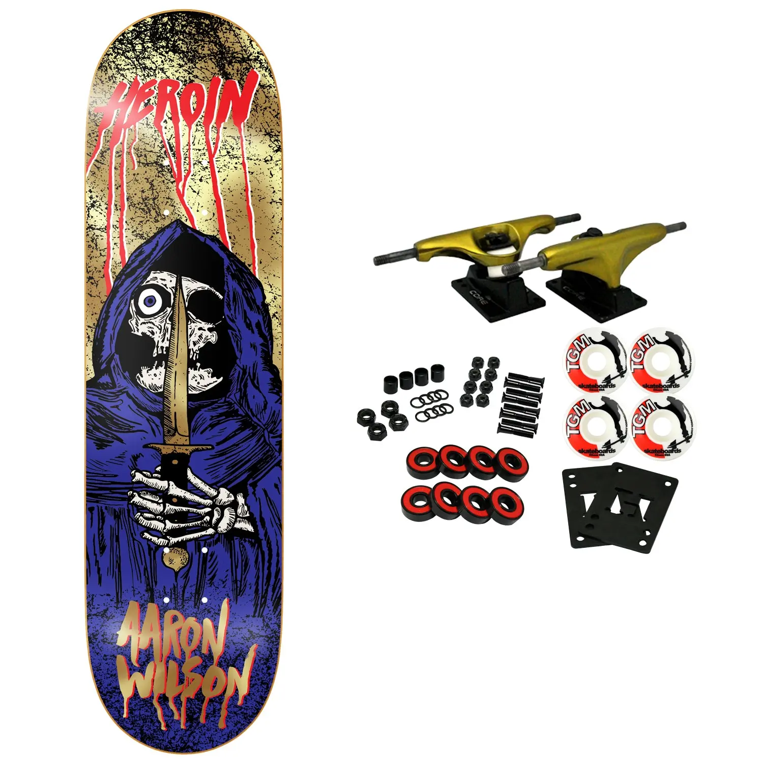 Heroin Skateboard Complete Aaron Wilson KO2 Skull Priest 8.5" x 32.2"