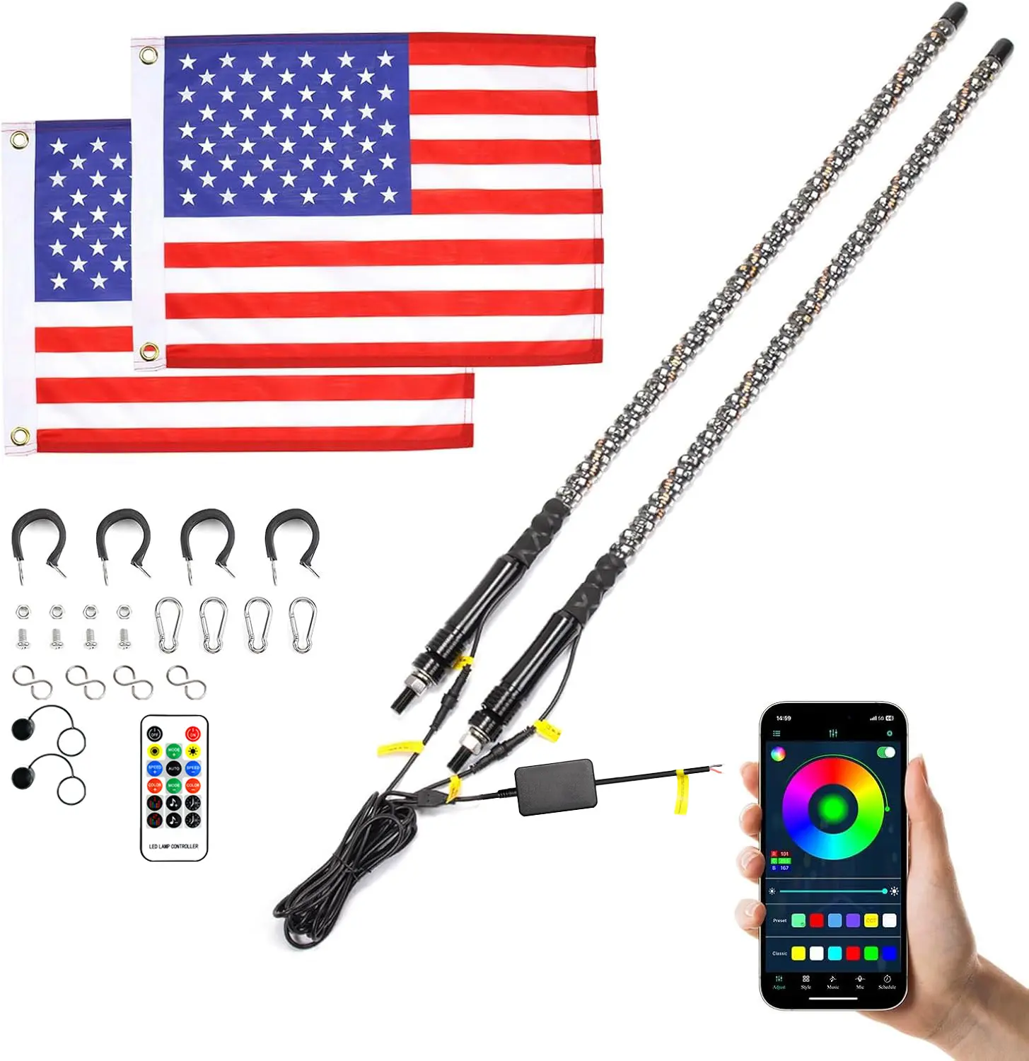 UTV 3/4 ft 2-Piece Whip Lights Set, App/RF Remote Control, 212+ Lighting Modes, 360° Spiral Lighting, Turn Signals, Visibility Enhancement for Polaris RZR, Can-Am X3 ATV UTV, 3/4 Ft Set
