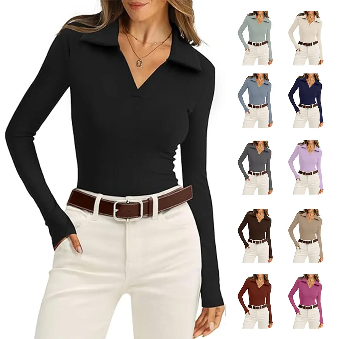 Stylish Warm Pullover, Polo Shirts Long Sleeve Business Casual Tops Collared V Neck Ribbed Knit Sweater Slim Fit Blouses Womenswear Knitted, Basic, Cozy, Versatile, Comfort, Wear, Style, Outfit, Essential, Trendy, Chic