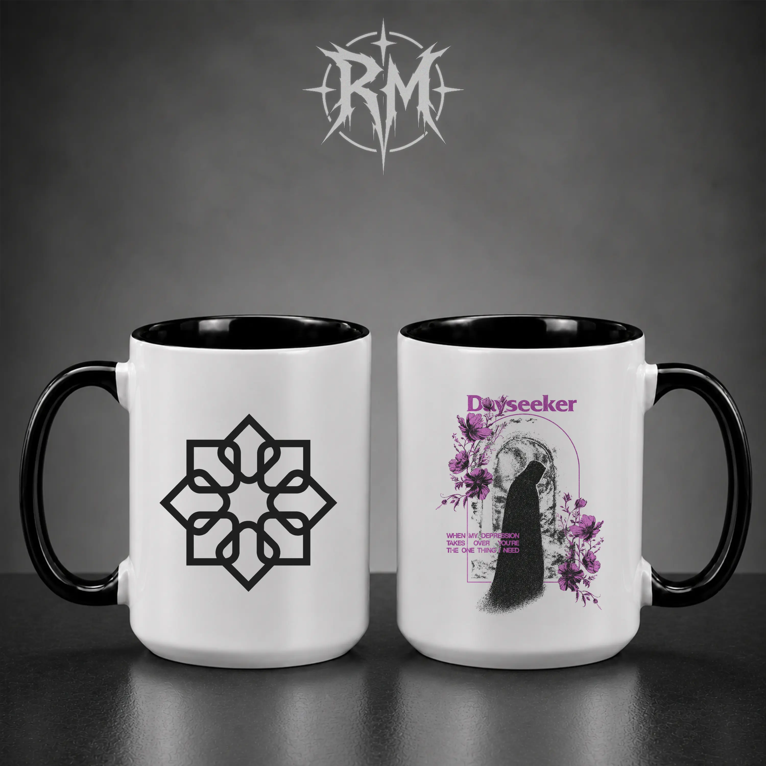 Dayseeker Band Merch Ceramic Coffee Mug - 11oz,15oz Options - Black-Handle 2-Tone Lyrics Graphic Cup - Post-Hardcore Metalcore Fan Gift - Aesthetic Purple Floral Arch Silhouette Drinkware for Music Enthusiasts
