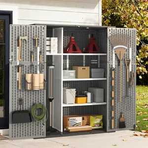 Outdoor Storage Shed Waterproof Vertical Resin Cabinet with Floor Wide Patio Storage for Garden Tools and Pool Equipment Easy Assembly Gray