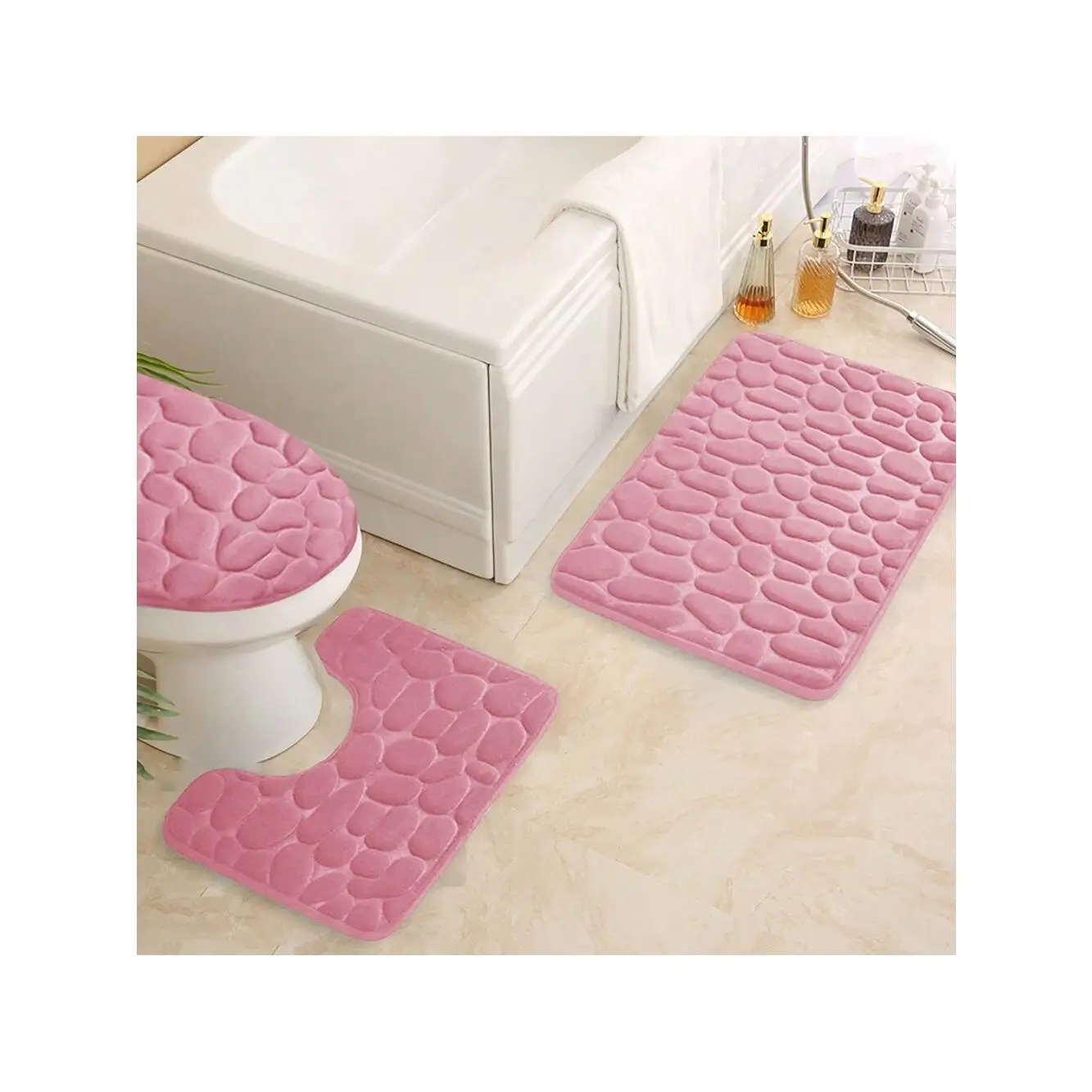 Ultra-Soft 3-Piece Memory Sponge Bath Mat Set - Pebble Embossed, Anti-Slip, Water Absorbent And Machine Washable, Ultimate Luxury And Safety ,Room Dec