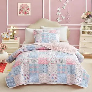 Twin Size Quilt Set for Girls, Pink n Blue Floral Patchwork Design, 2 Pieces Soft n Cozy Microfiber Quilt, Bedspread Bed Cover for All Season 68x88 inches