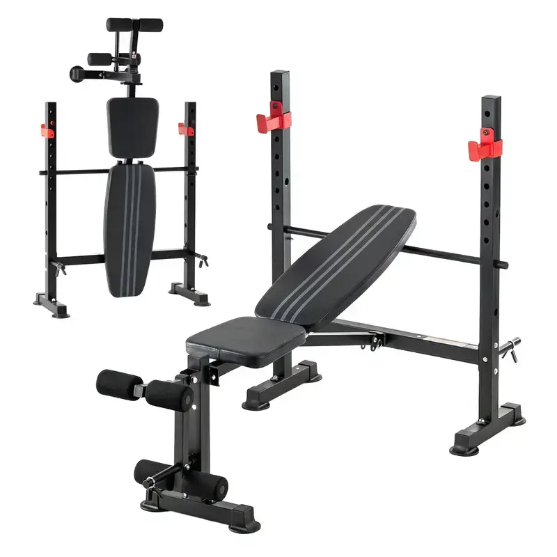 Foldable Adjustable Weight Bench with Squat Rack 650LBS Capacity Multi-Position Home Gym Bench Press Station for Incline Decline and Leg Curl Exercises