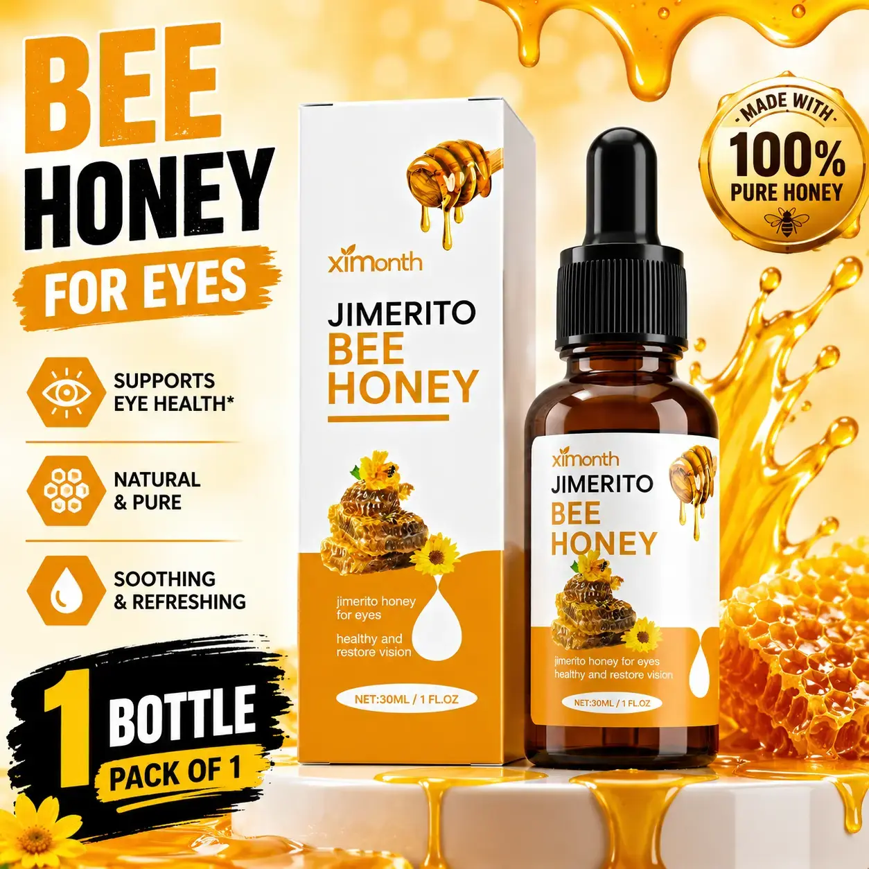 Collagen & Honey Eye Treatment Serum Drops, 30ml Alcohol-Free Unscented Gentle Liquid Formula, Daily Hydrating All-Skin Eye Care for Smooth Finish, Lightweight Bottle Single Item