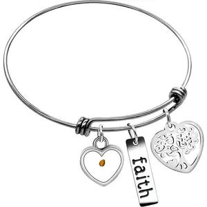 Stainless Steel Tree of Life Bangle Mustard Seed Pendant Faith Cuff Bracelet Gifts for Women Teen-Girls Y639