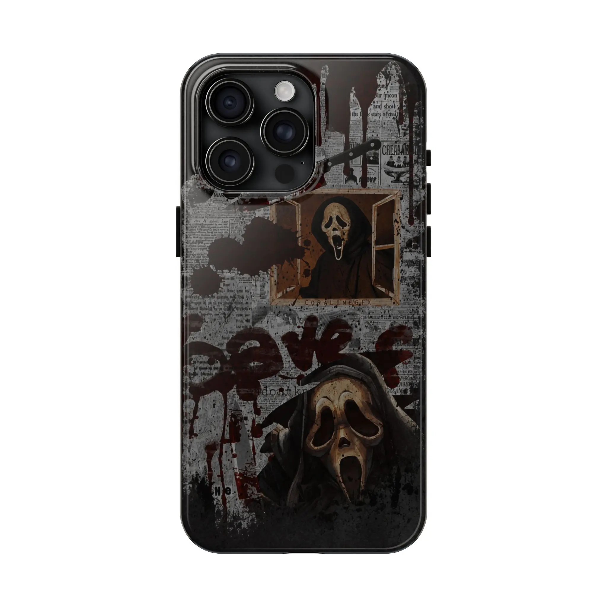 Unique Scary Halloween Dual Layer Phone Case - Creepy Masked Slasher Newspaper Collage Cover, Dark Gothic Horror Cell Protector with Bloody Vintage Graphic for iPhone 17/16/15/14/13/12/11 Pro Max/Plus