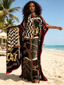 1dress+1scarf black background gold chain checkerboard printed long robe dress set, Summer, plus oversized boat collar, loose fitting, flesh covering, long dress+scarf, wild, light luxury vacation style long dress