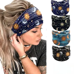 Women Headbands Stars Moon Wide Knotted Headband Non Slip Wraps Elastic Yoga Turban Fashion Hair Bands Soft Hair Wrap Hair Accessories for Girls Pack of 4 (Star Moon)