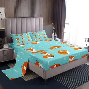 Cute Fox Print Bed Sheets,Cartoon Wild Animal Easy Care Home Decor Idea Bed Sheet Set,Kawaii Woodland Fox Luxury House Decor Bedding Set, Kids Bedding Sets, Flat Sheet Set