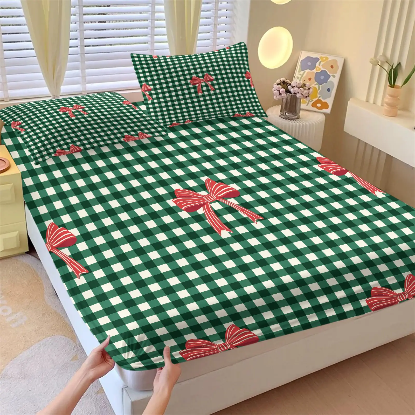 3pcs Green Gingham Fitted Sheet Set, Red Bow Print Bed Sheet Set No Fillers, Christmas Holiday Checkered Bedding Set with Pillowcases, Deep Pocket Coquette Plaid Bed Cover for Teens Girls Bedroom Decor