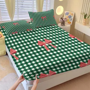 3pcs Green Gingham Fitted Sheet Set, Red Bow Print Bed Sheet Set No Fillers, Christmas Holiday Checkered Bedding Set with Pillowcases, Deep Pocket Coquette Plaid Bed Cover for Teens Girls Bedroom Decor