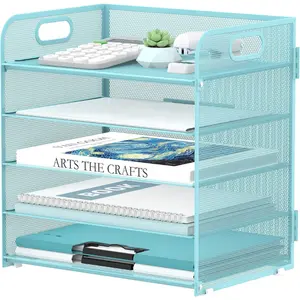 5 Trays Paper Organizer Letter Tray with Handle-Mesh Desk File Organizer, Paper Sorter Desk Organizer for Office, Home or School (Light Blue)