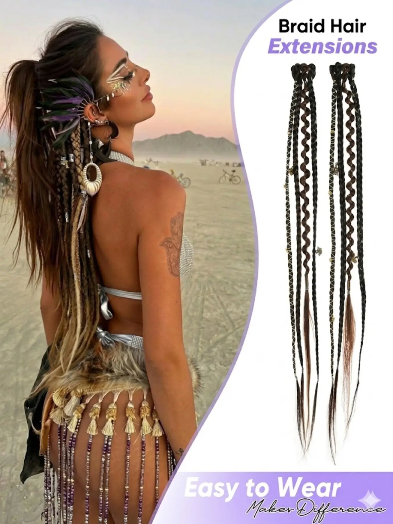 2pcs Clip in Braid Hair Extensions for Women, 20" Boho Butterfly Locs Faux Locs Braids Braided Dreads Dreadlock Braids with Beads & Charms, Handmade Synthetic Fiber Hairpieces for Cosplay, Synthetic Soft Hair