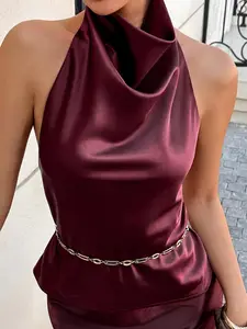 Burgundy Satin Halter Top Women Cowl Neck Sleeveless Backless Silk Look Blouse Elegant Chic Slim Fit Draped Camisole Party Clubwear Y2K Streetwear Summer Going Out Top Luxury Fashion
