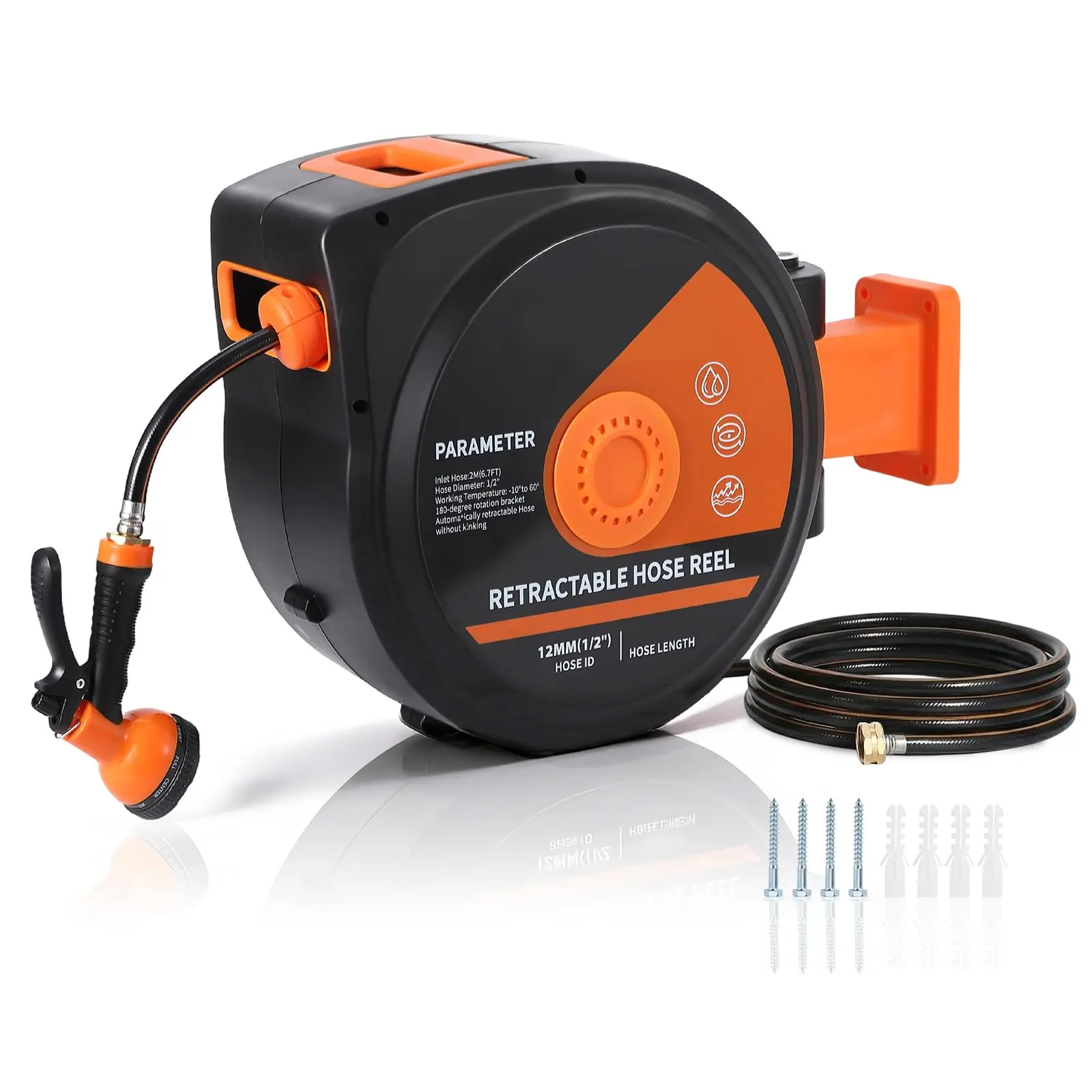 1/2 in Retractable Garden Hose Reel, Wall Mounted Garden Hose Reel with 10 Spray Nozzle, Automatic Rewind, Slow Retraction System, 180°Swivel Bracket, Durable Garden Hose