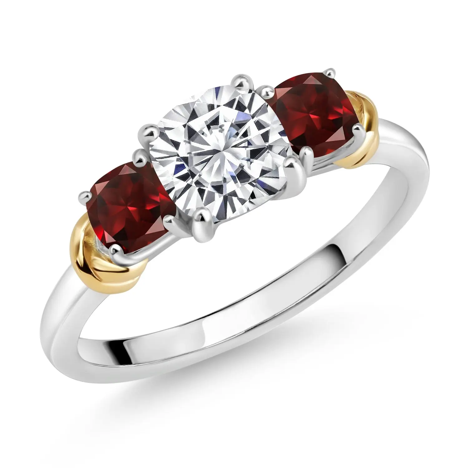 925 Sterling Silver and 10K Yellow Gold Peach Morganite and Swiss Blue Topaz 3 Stone Engagement Ring For Women (1.54 Cttw, Cushion Cut 6MM and 4MM)