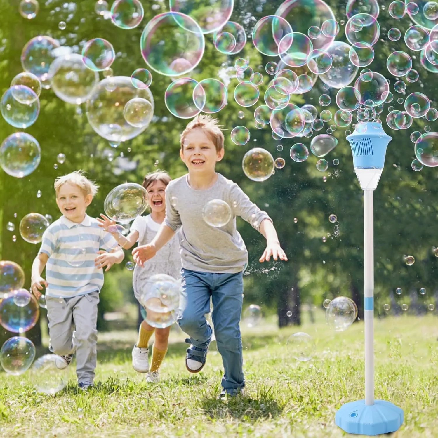 2026 Latest 47in Standing Adjustable Vertical Bubble Machine - Rechargeable Automatic Blower with Lights, Music, 3-Level Height Adjustment, Detachable Wand, Included Solution for Kids' Outdoor Party, Wedding, Standing Bubble Machine, Adjustable Bubble Mak