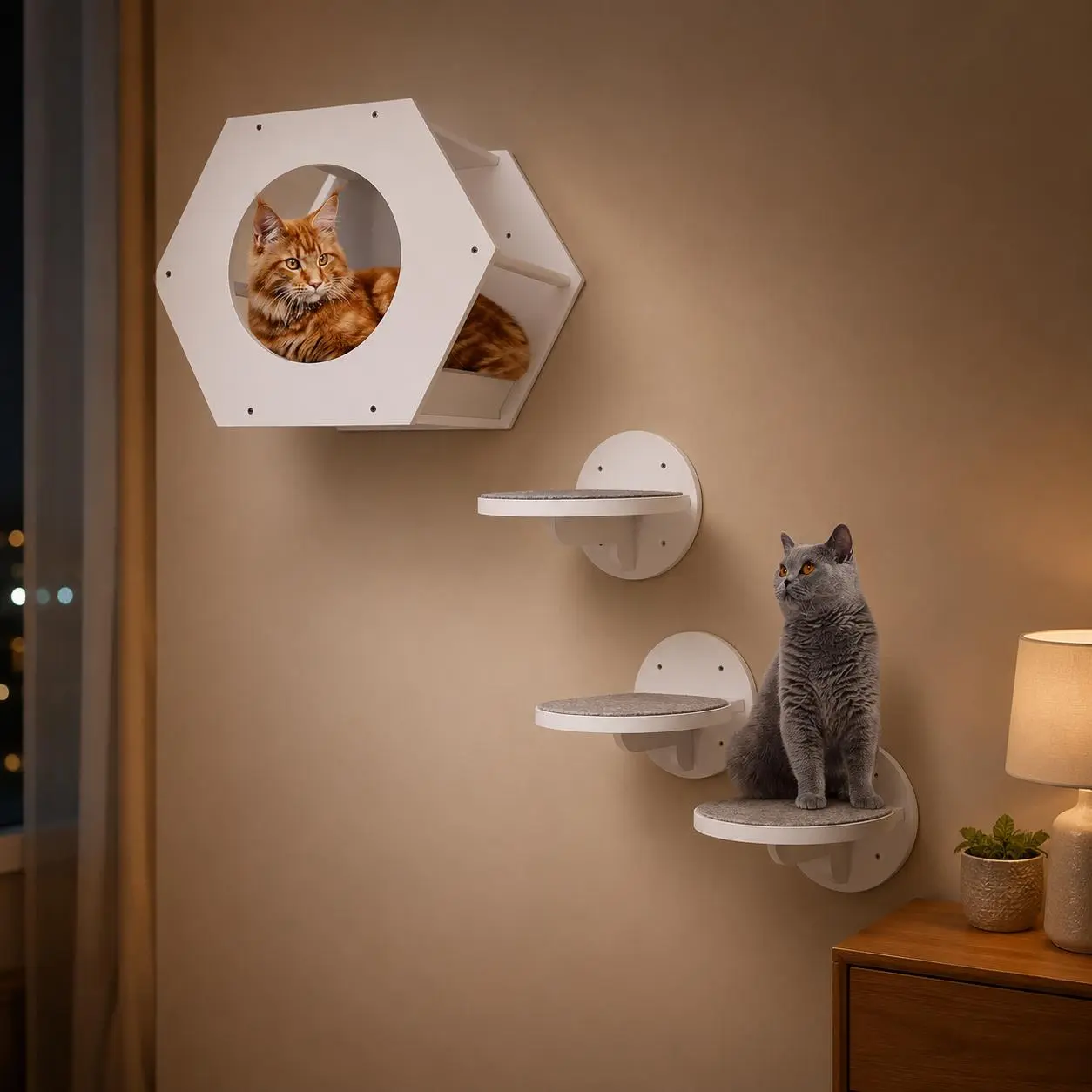 4-Piece Wall-Mounted Cat Furniture Set with Hexagon Cat House and 3 Carpeted Climbing Steps, White