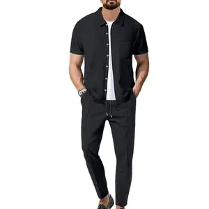 Coofandy Men's Waffle Solid Color Short Sleeve Shirt and Pants Set, Comfort and Style, Perfect for Everyday Wear, Whether You're Lounging at Home or Heading Out for A Casual Outing