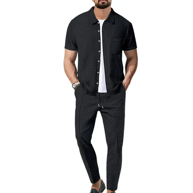 Coofandy Men's Knit Waffle Solid Color 2-Piece Short Sleeve Shirt & Pants Matching Menswear Set - Comfortable Fabric Clothes for Home Lounging, Casual Outings