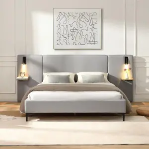 Queen/King/Chic Linen Upholstered Bed with Integrated Lights and Shelves, Grey