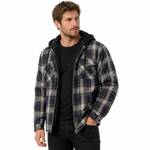 FlannelGo Men's Plaid Long Sleeve Fitted Sherpa-Lined Flannel Shirt Jacket, Full-Zip Front, Adjustable Drawstring Hood, Cozy Fleece Layer, Outdoor Casual Menswear Outerwear Coat