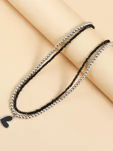 Sweet Cool Style Double Layer Heart Necklace, Silver Color Bead + Bead Stack Collar Chain, Fashion Jewelry for Women