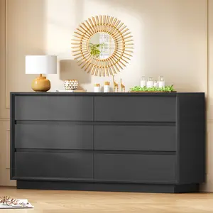 55" Black Dresser with 6 Drawers and Metal Slides, Wood Storage Dresser for Bedroom, Hallway