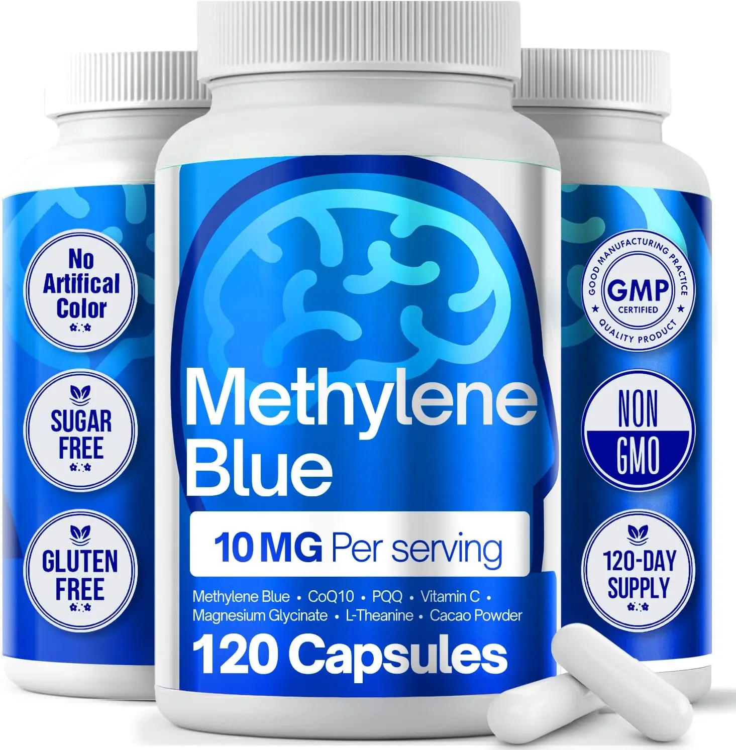 Methylene Blue Capsules – Formulate CoQ10, PQQ, Vitamin C, L-Theanine, Cacao – 120 Vegan Capsules per Bottle – No Flavor, Easy Daily Use